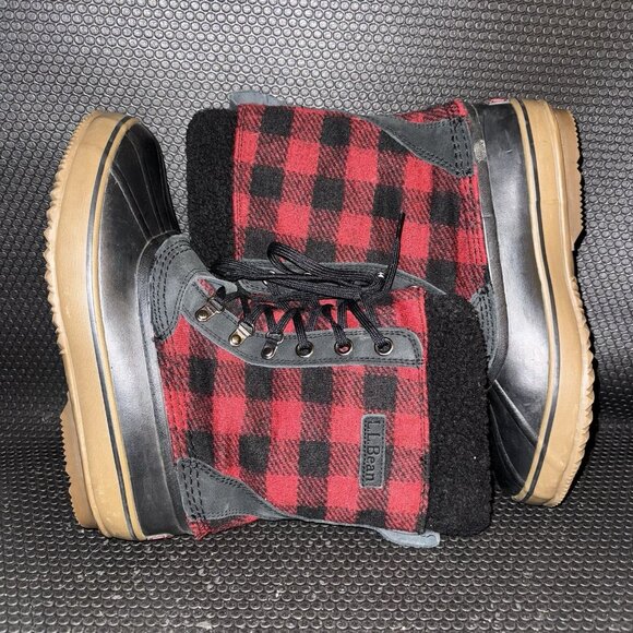 L.L. Bean Red Black Buffalo Plaid Lace Up Mid Calf Duck Winter Boots Mens Size 9 - Picture 4 of 8